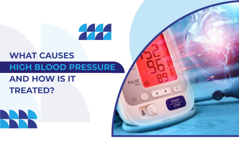 Informational banner: the title asks about causes and treatment of high blood pressure, with a blood pressure monitor and heart image on the right.