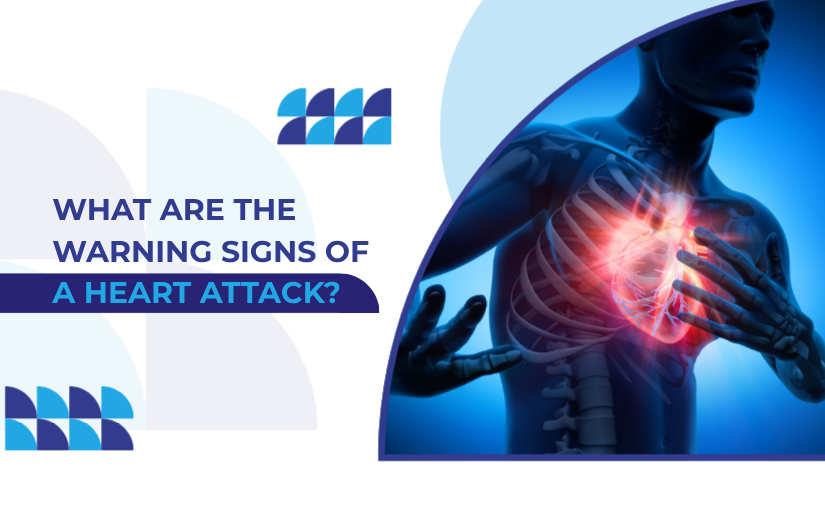Infographic about heart attack warning signs; silhouette of a person clutching chest with a glowing heart on the right.