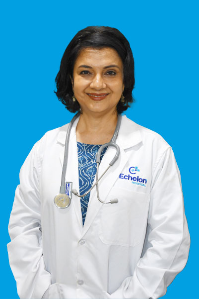 Portrait of a female doctor in a white coat with a stethoscope, smiling against a blue background; Echelon Hospital logo visible on her coat.