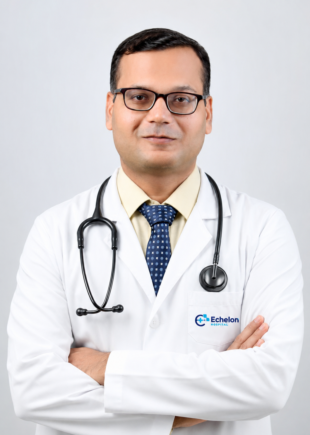 Male doctor in white coat with stethoscope around neck, arms crossed, standing against a light gray background; badge reads 'Echelon Hospital' on pocket.