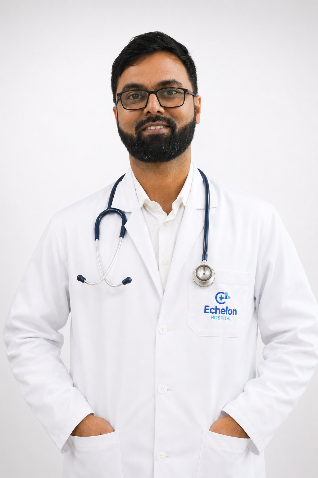 Male doctor in a white coat with stethoscope around his neck, hands in pockets, Echelon Hospital logo on the chest pocket.