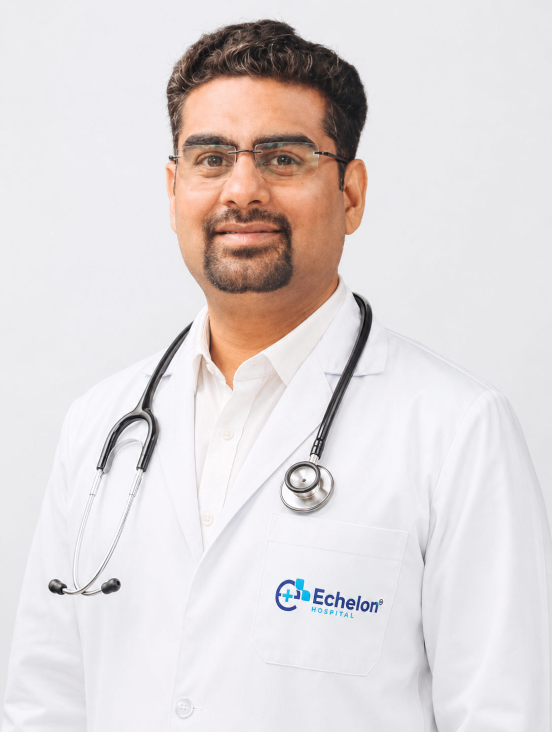 Male doctor wearing a white coat and glasses with a stethoscope around his neck, smiling; Echelon Hospital logo on his pocket pocket area.