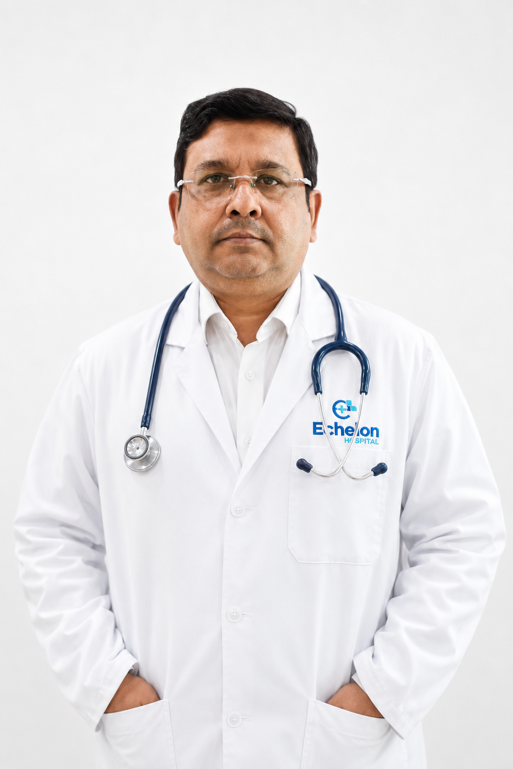 Middle-aged male doctor in a white lab coat with arms crossed, standing against a white background.