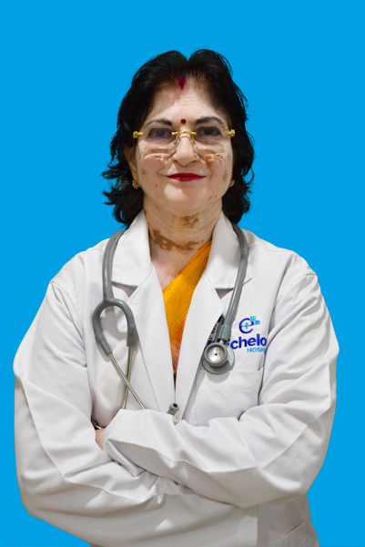 Female doctor with stethoscope, white coat, arms crossed, against a blue background.