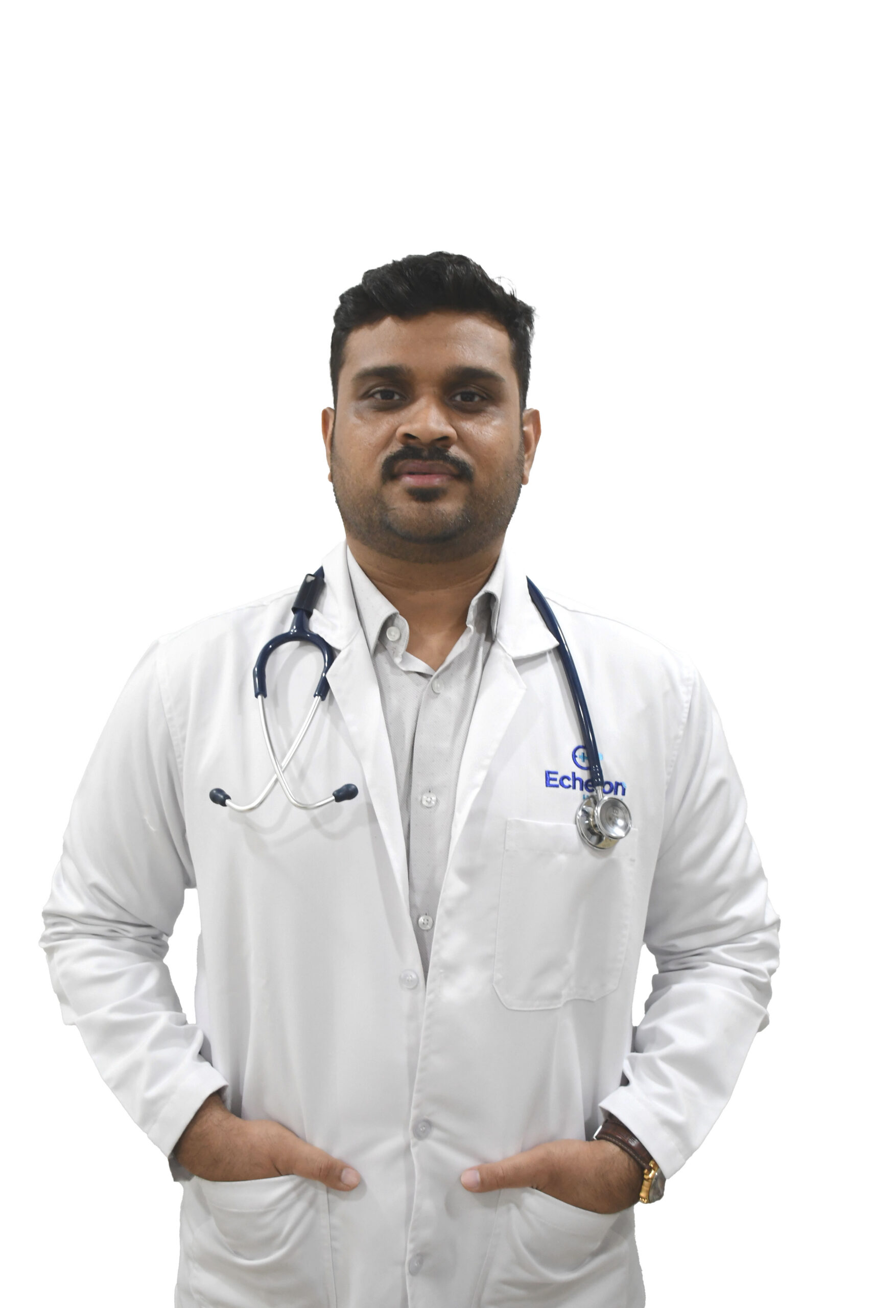 Portrait of a male doctor in a white lab coat with a stethoscope around his neck, standing against a white background.