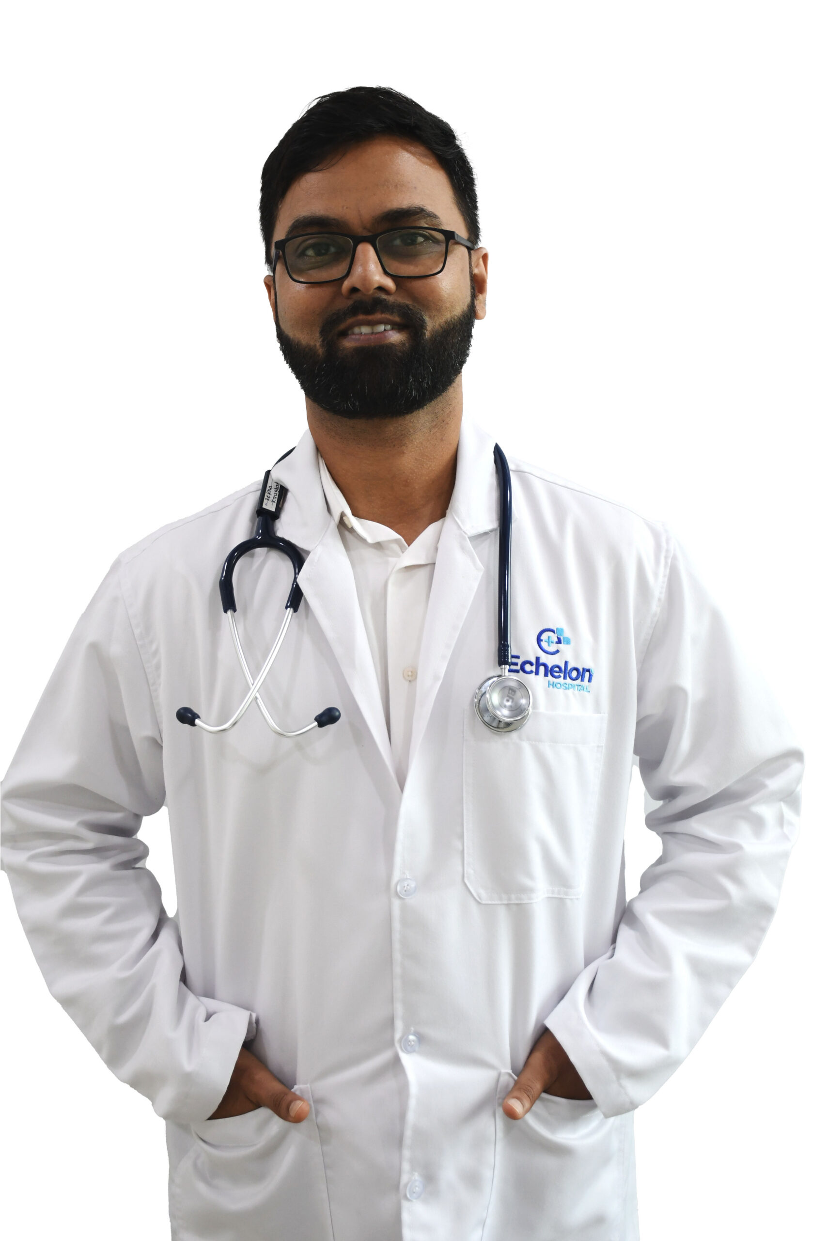 Male doctor with beard and glasses in a white coat, stethoscope around his neck, Echelon Hospital logo visible on chest.