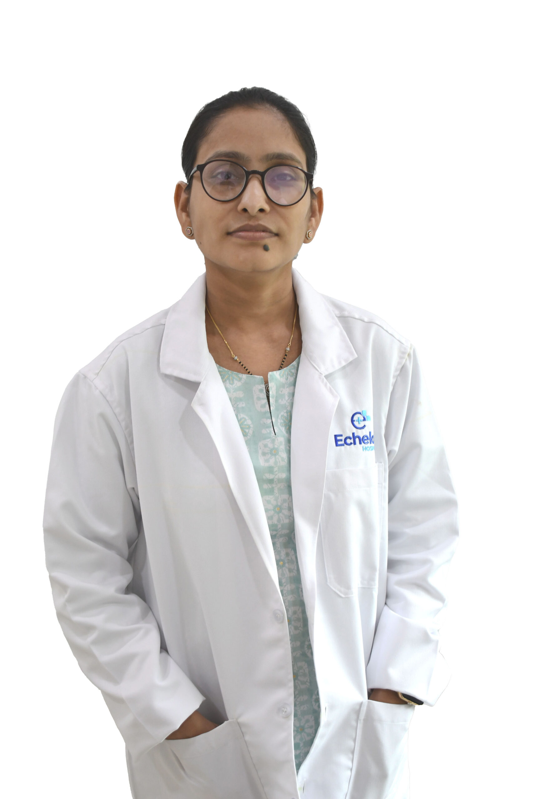 Portrait of a female healthcare professional wearing a white coat and glasses, facing the camera with a neutral expression.