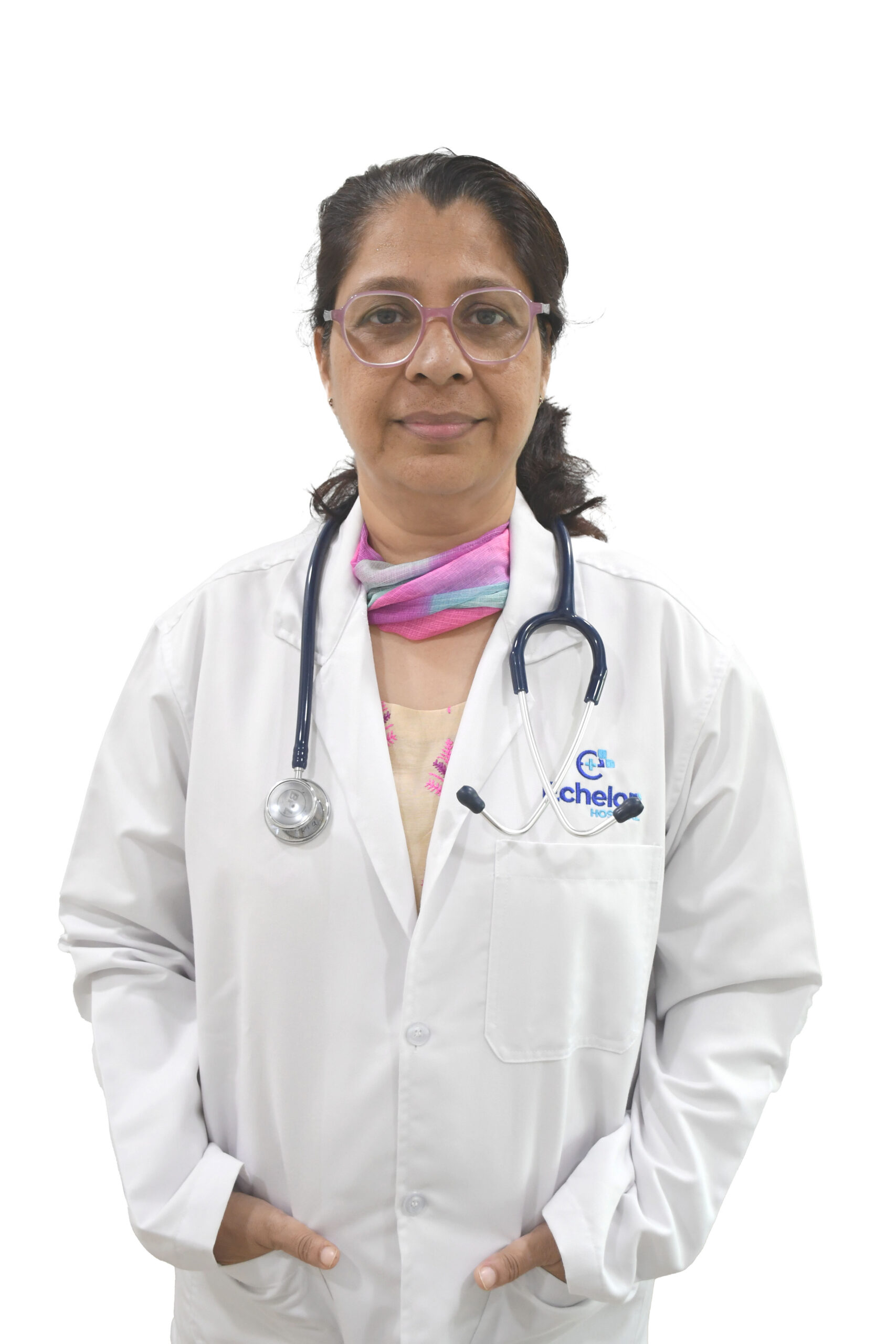 Female doctor wearing pink glasses and a white coat with a stethoscope, standing against a white background.