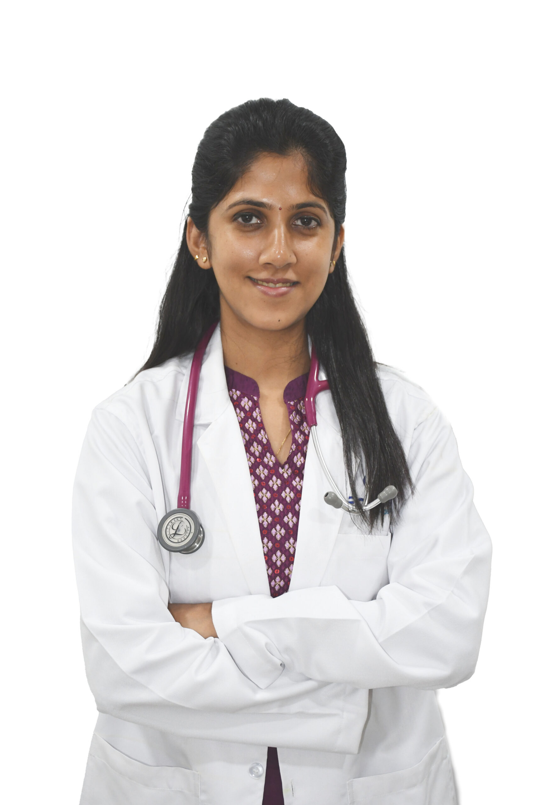 Professional portrait of a female doctor wearing a white coat and stethoscope, arms crossed, looking at the camera.