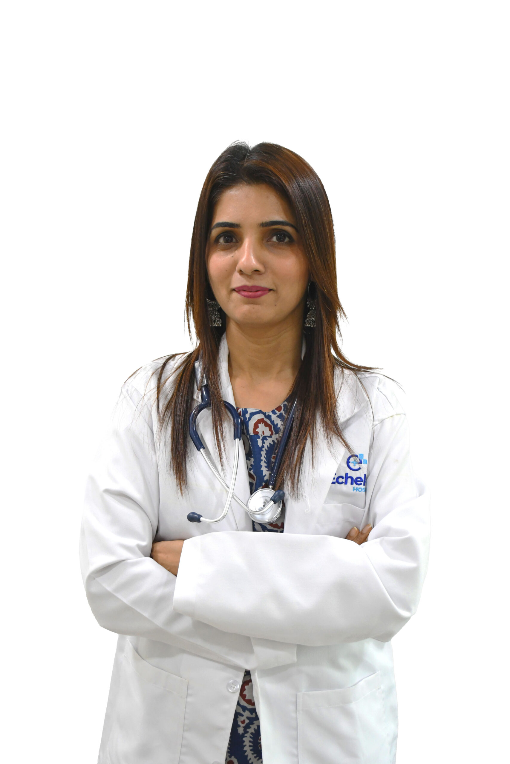 Female doctor with arms crossed in a white coat and stethoscope, looking at the camera.