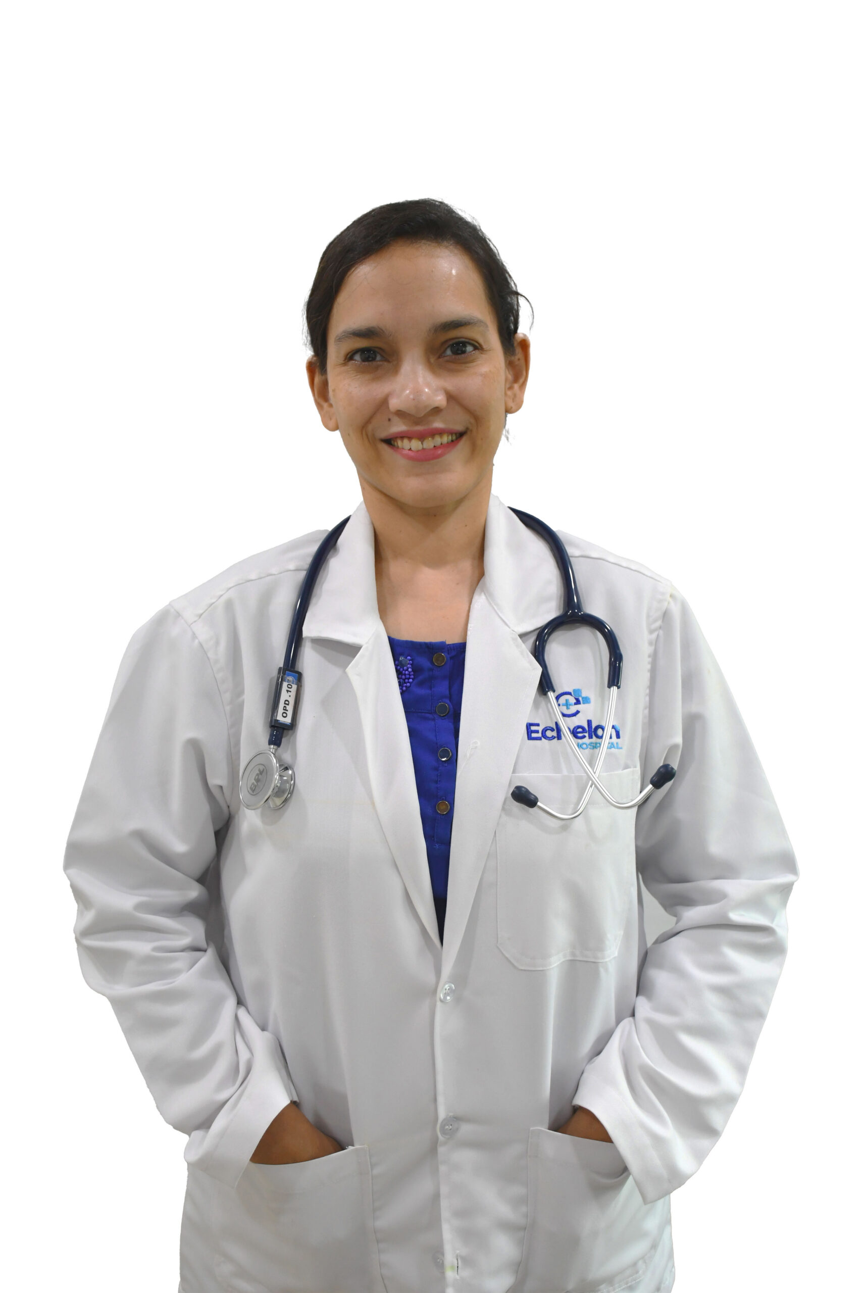 Smiling female doctor in a white coat with a stethoscope, standing against a white background