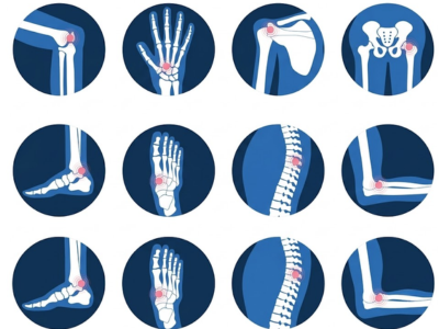 H1_ Rheumatology Treatment in Navi Mumbai Grid of circular medical illustrations showing joints with red pain points: knee, shoulder, hip, hand, spine, ankle.