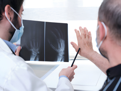 Two doctors wearing masks review X-ray images of hands at a clinic, pointing with a pencil to the images.
