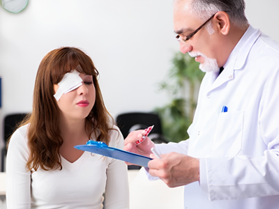 Doctor in a white coat shows a clipboard to a female patient with an eye patch in a clinic, discussing treatment.