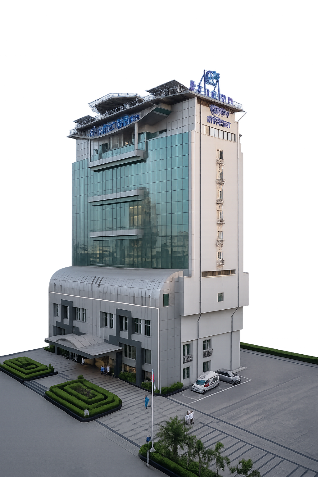 Tall modern office building with a glass facade and a manicured plaza in front.