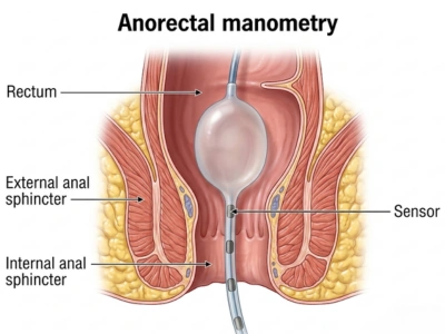 Cross-section of the anorectal canal showing rectum, internal and external anal sphincters, and a sensor catheter inserted through the anal canal for manometry.