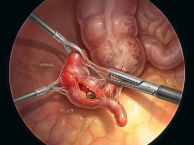 Laparoscopic view of the appendix with a fecalith, near the cecum, being manipulated with surgical instruments.