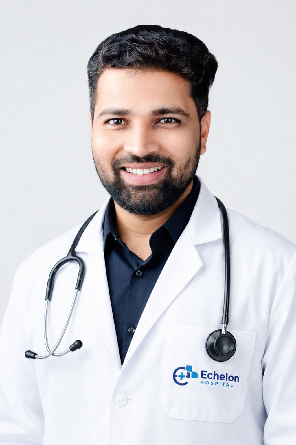 Doctor in a white coat with a stethoscope, smiling, with the Echelon Hospital logo on the pocket.