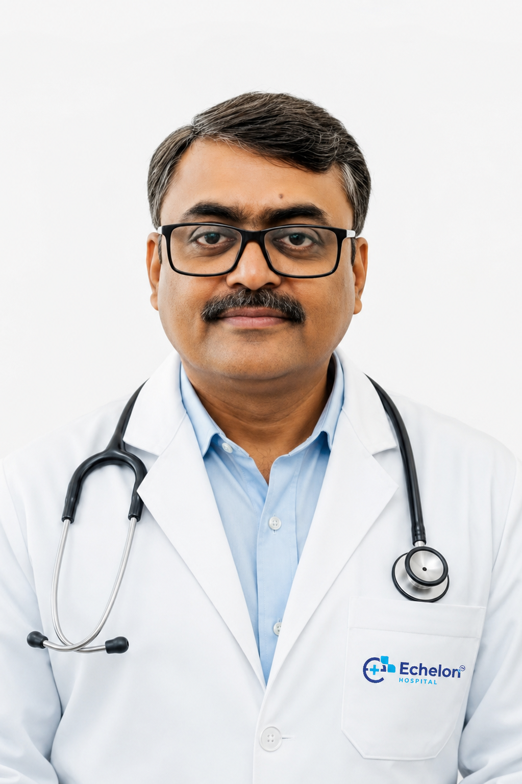 Male doctor with glasses in a white coat and stethoscope, Echelon Hospital logo on the pocket, facing the camera.