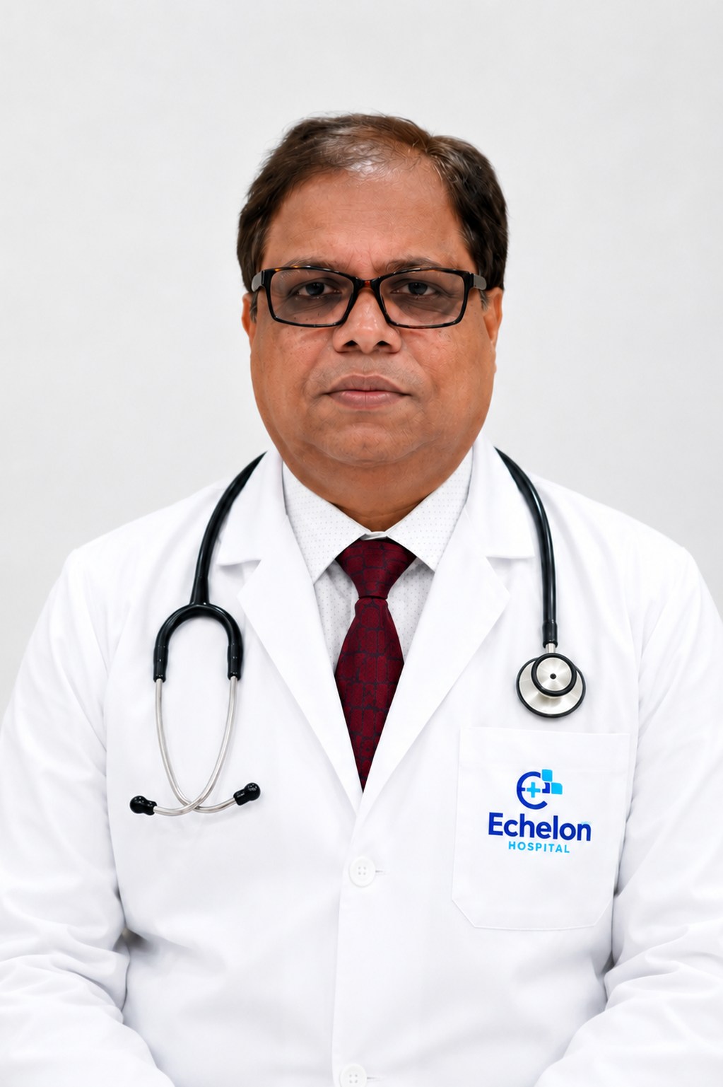 Portrait of a male doctor wearing a white coat, black glasses, and a stethoscope, with an Echelon Hospital logo on the pocket.