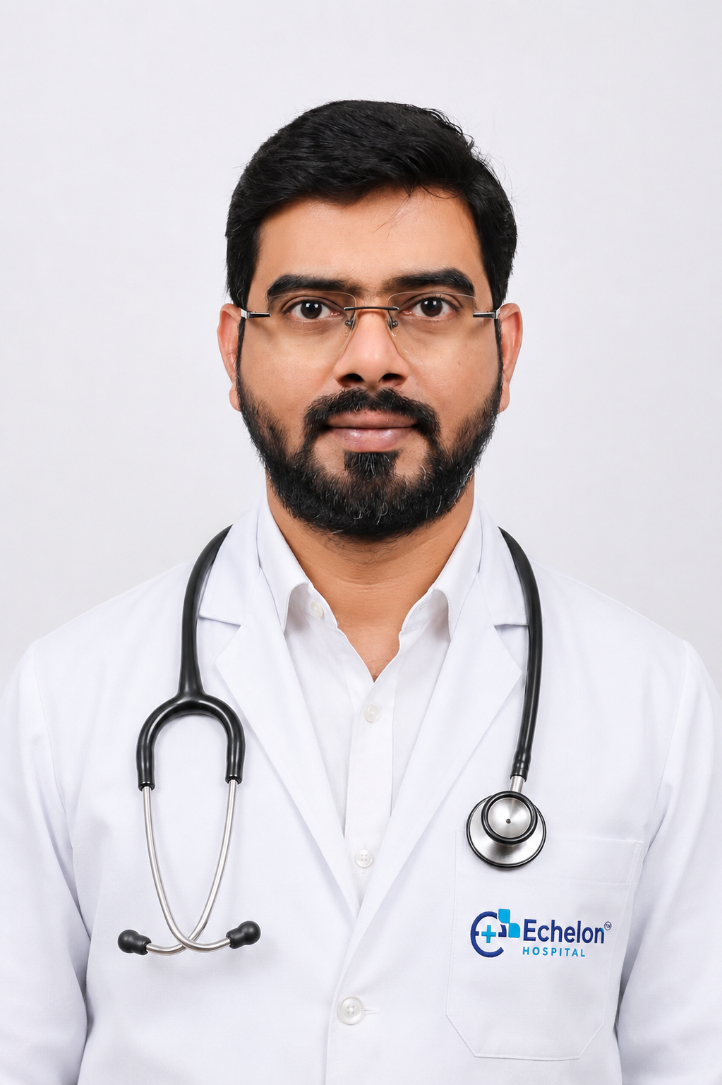 Male doctor with a beard and glasses wearing a white coat and stethoscope, standing against a light background; logo reads Echelon Hospital on the pocket.