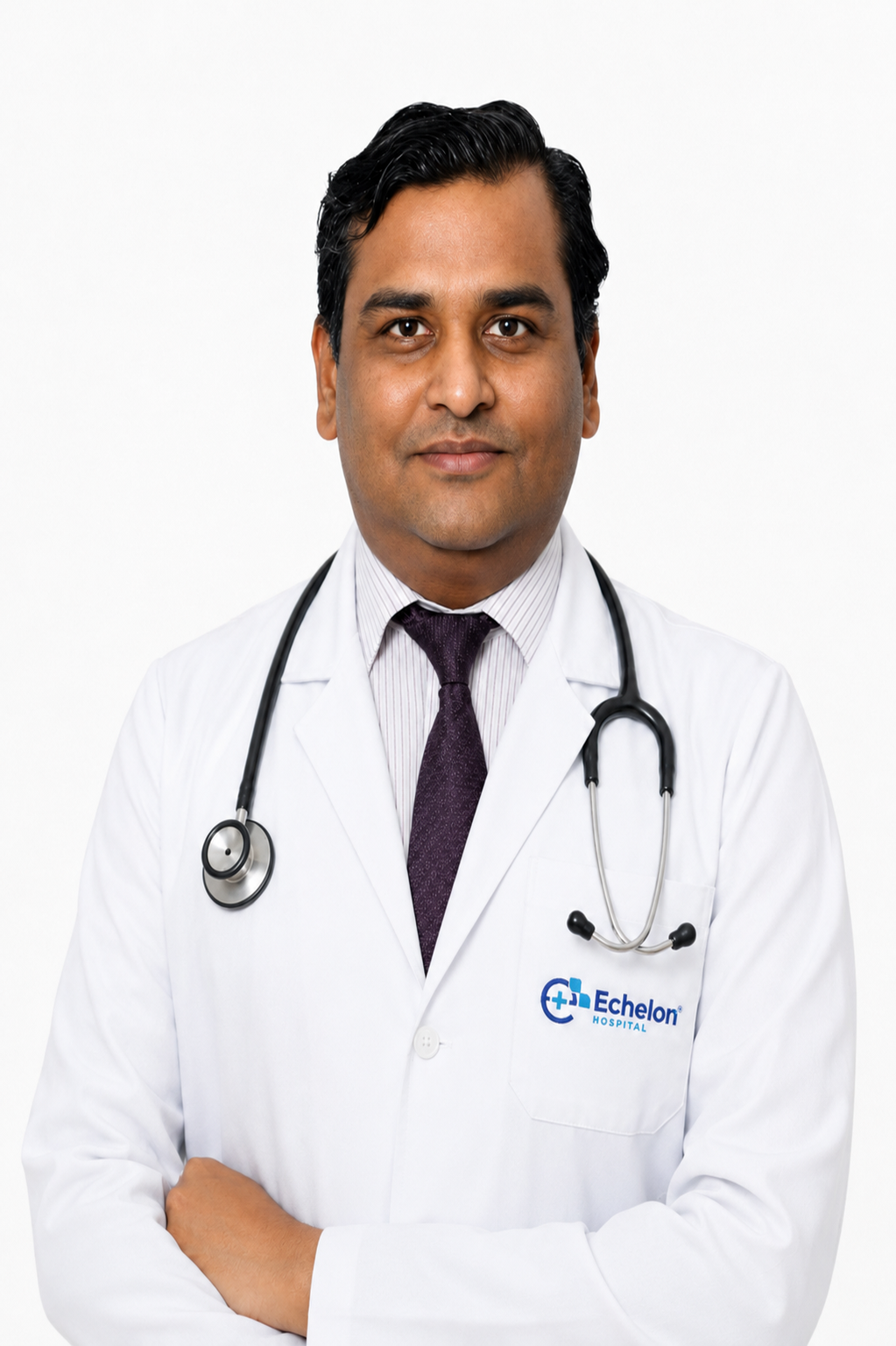 Portrait of a male doctor in a white coat with a stethoscope around his neck, arms crossed, Echelon Hospital logo on the pocket.