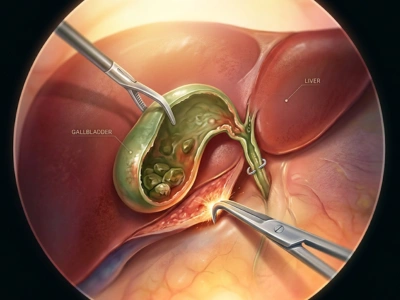 Laparoscopic view of the liver with the gallbladder exposed and being dissected by surgical instruments during surgery.