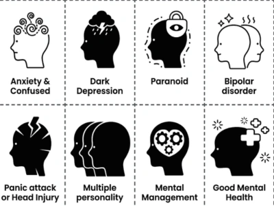 Head silhouette representing Anxiety and confusion with swirling lines in the brain area.