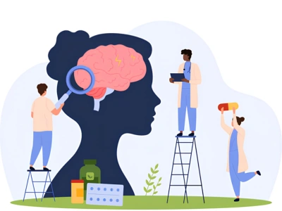 Illustration of scientists examining a brain model; one with a magnifying glass, another on a ladder with a clipboard.