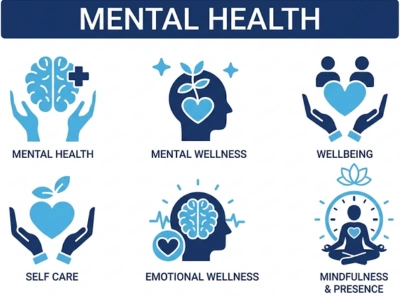 Six icons showing mental health topics: Mental Health, Mental Wellness, Wellbeing, Self-Care, Emotional Wellness, and Mindfulness & Presence.