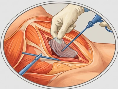 Surgeon with gloved hands placing a mesh patch into an open abdominal incision, with surgical tools nearby.