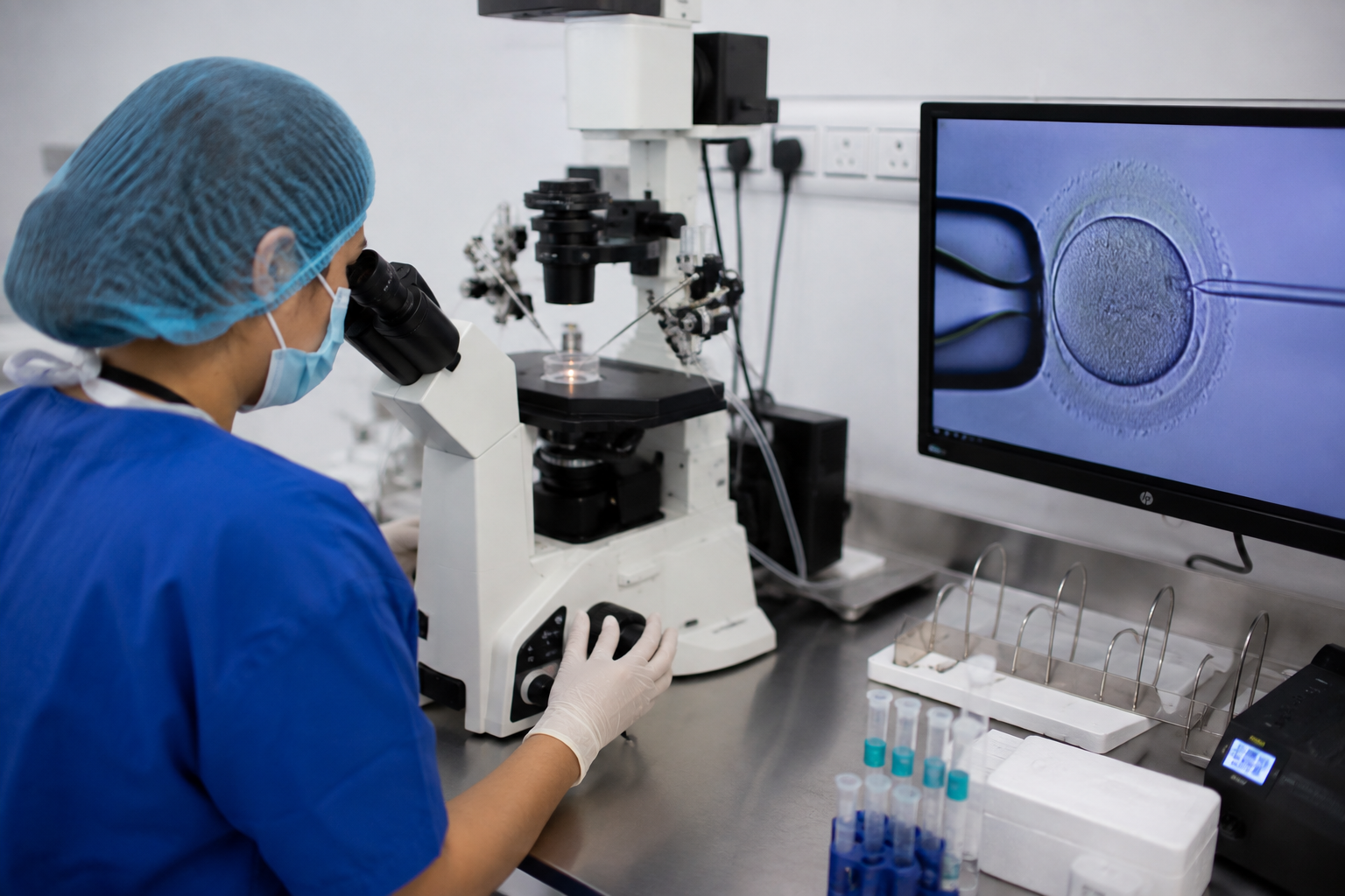 Lab scientist in blue scrubs and mask uses a microscope; monitor shows a close-up of an embryo. Describes the fertility lab activity and setup.