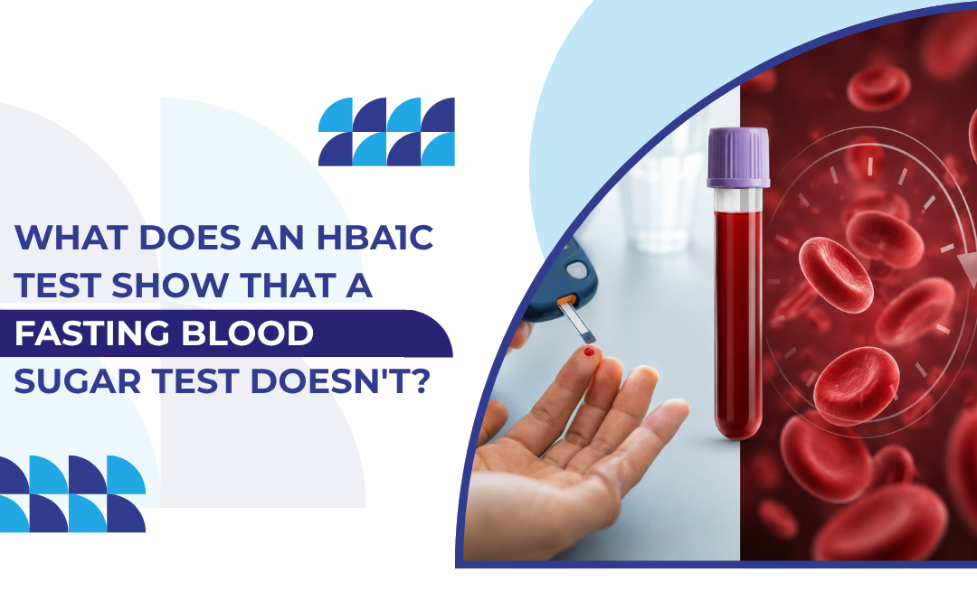 Infographic header comparing HbA1c and fasting glucose tests, with a blood sample image on the right